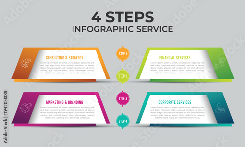 4 Steps Chart for Financial Corporate and Marketing Strategy Services, Infographic Business Process Diagram with Modern Gradient Cards