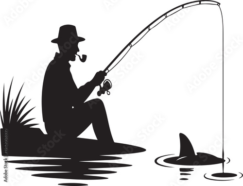 Angler relaxing and fishing near water vector silhouette design