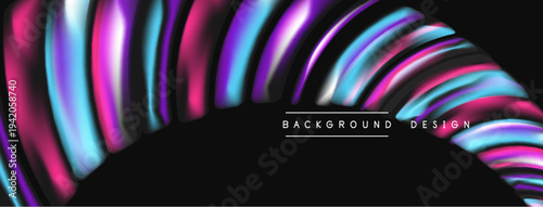 Abstract vibrant layers form curved shape. Dark background emphasizes colorful design elements. Modern aesthetic, dynamic composition.