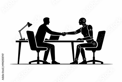 Vector illustration of human and robot shaking hands at desk