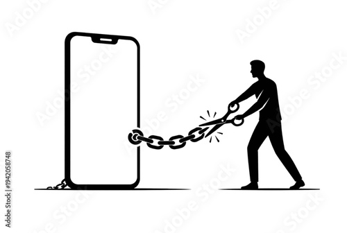 Vector illustration of man breaking free from smartphone addiction