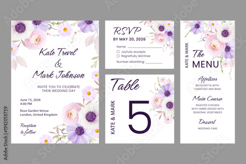 Elegant floral wedding stationery set with pastel flowers. Romantic invitation, RSVP card, menu and table number templates. Delicate botanical design for marriage celebration and event.