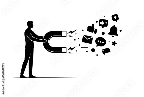 Vector illustration of man holding magnet attracting social media icons