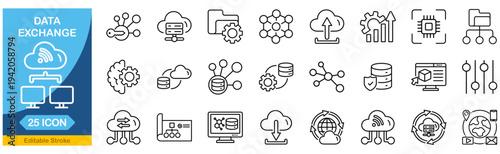 Data Exchange web icons in line style. Traffic, cloud, files, server, technology. Editable stroke. Vector illustration.