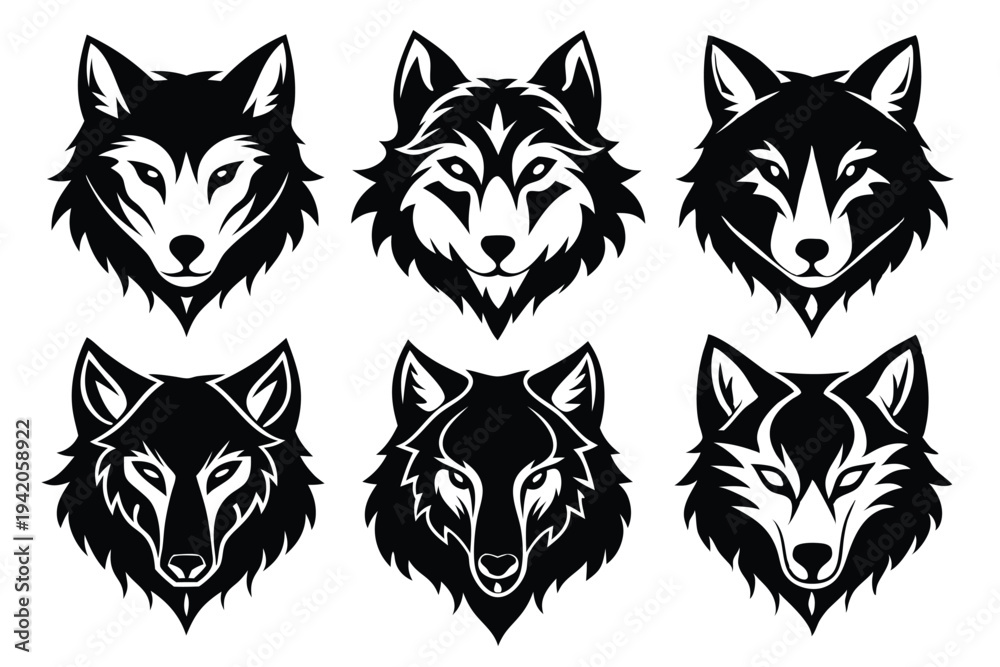 Obraz premium set of wolf head silhouette line art vector illustration with a white background
