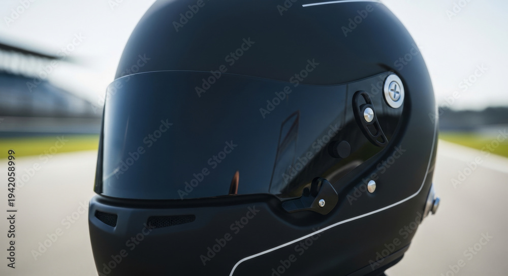 Fototapeta premium Sleek Black Racing Helmet Stands Against a Racetrack Backdrop, Featuring a Glossy Visor and Aerodynamic Design