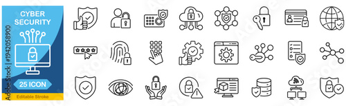 Security web icons in line style. Data protection, key, shield, lock, unlock, eye access. Editable stroke. Vector illustration.