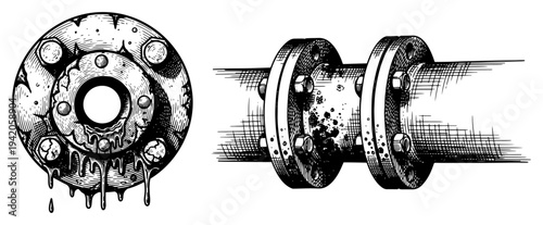 Vintage hand drawn engraving of industrial pipe flanges with leaking fluid and rusty textures