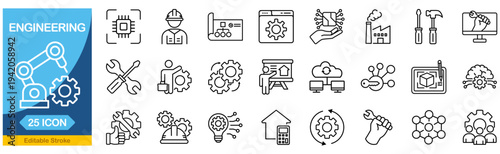 Engineering web icons in line style. Production, application, collection. Editable stroke. Vector illustration. 