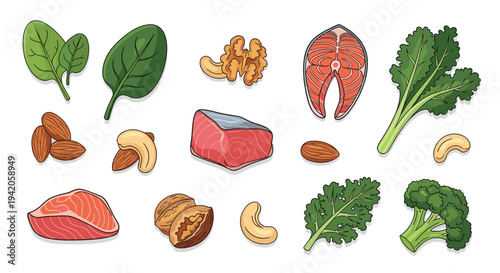 A diverse collection of healthy food items including spinach, salmon, nuts, kale, and broccoli is scattered across a plain white surface.