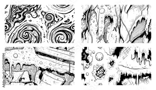 Set of abstract organic textures featuring swirling patterns and dripping biological slime elements