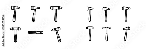 Medical reflex hammer icons set for neurological examination and healthcare diagnostic tools on white background