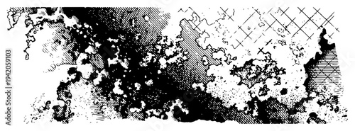 Distressed grunge background with halftone dots and vintage crosshatch shading effects