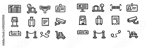 Set of airport and travel icons including luggage scale barcode scanner security camera and flight information board on white background