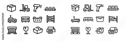 Logistics and warehouse management line icons set featuring shipping boxes forklift barcode scanner pallet and storage equipment