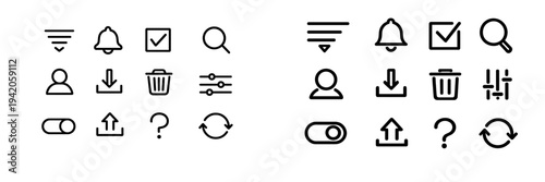 Minimalist user interface line icon set featuring navigation and system symbols for mobile apps and website design development