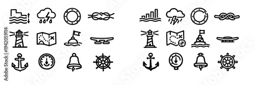 Nautical and maritime icon set with lighthouse anchor ship wheel compass map buoy porthole knot storm cloud tide and bell symbols