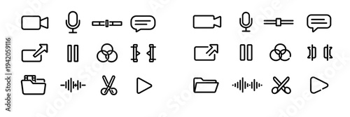 Set of minimalist black line icons for video editing software and multimedia applications including play pause record and scissors
