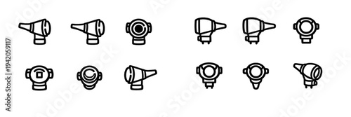Set of medical otoscope icons for ear examination and diagnostic procedures in healthcare clinics and hospitals