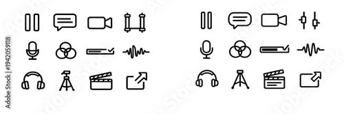 Set of multimedia and video production icons including camera microphone headphones and clapperboard for digital editing interface design