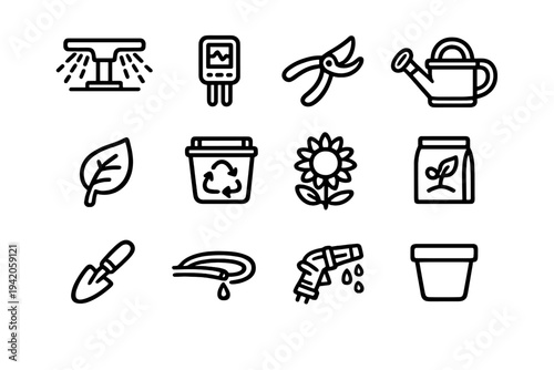 Gardening and horticulture line icon set featuring tools like watering can trowel shears and sprinkler for landscaping maintenance