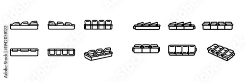 Stadium seating icons showing bleachers and arena chairs from different angles including front side and top views for sports venue design