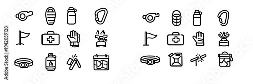 Set of camping and outdoor survival equipment line icons including first aid kit whistle sleeping bag and camping stove on white background