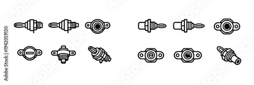 Set of industrial toggle switch and lock cylinder icons in black line art style isolated on white background for technical design