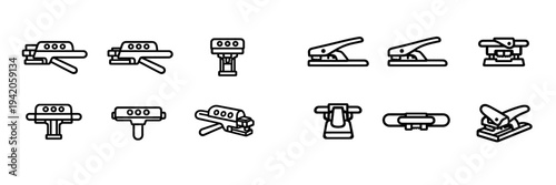 Collection of minimalist line icons depicting different types of staplers and hole punchers for and school use