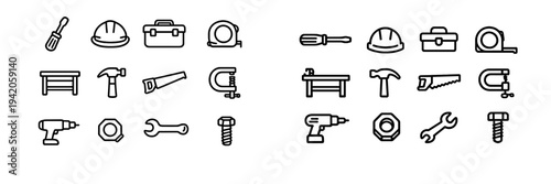 Set of construction and carpentry tool icons including hammer screwdriver wrench and drill on white background