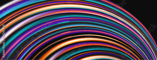 Colorful curved lines form partial circle against dark background. Vibrant hues create abstract visual effect. Smooth gradients present dynamic composition.