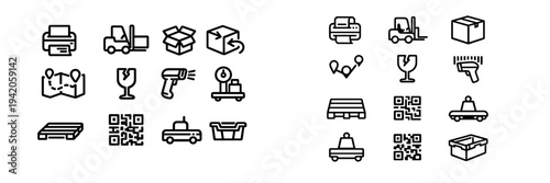 Logistics and shipping line icons set featuring warehouse equipment delivery tools and distribution symbols on white background