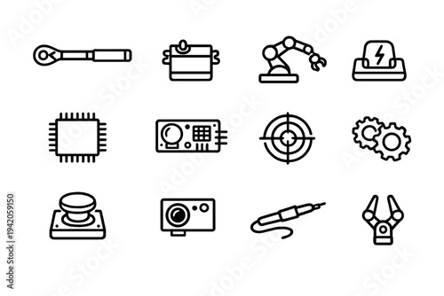 Collection of engineering and robotics line icons featuring robotic arm microchip gears soldering iron and mechanical tools on white