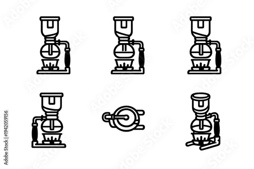 Siphon coffee maker icons set with vacuum brewer equipment from different angles for cafe and barista design