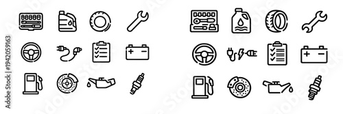 Car service and auto maintenance icon set featuring tools oil tire wrench steering wheel battery gas pump brake disc and spark plug