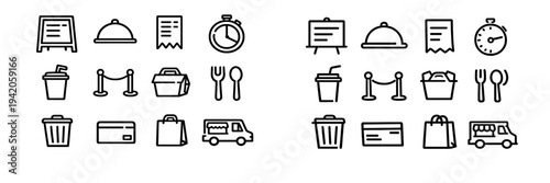 Restaurant and food delivery line icon set with menu board cloche receipt stopwatch drink cup takeout box fork spoon trash can and bag