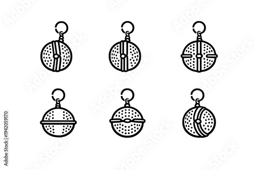 Set of tea infuser ball icons for brewing loose leaf tea in a cup or teapot with different mesh patterns and chain attachments