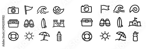 Summer beach and travel line icons set featuring camera wave surfboard sandcastle sun and umbrella on white background