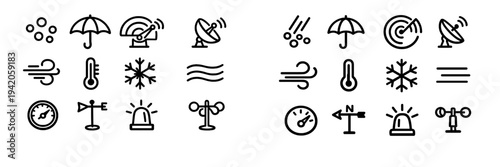 Weather and meteorology icon set featuring thermometer snowflake wind umbrella radar and satellite dish symbols for forecasting apps