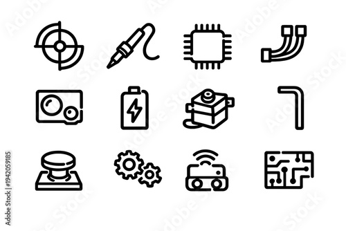 Electronics and robotics engineering icons set featuring microchip soldering iron battery gears circuit board and sensor components