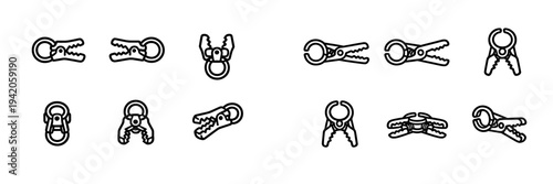 Collection of minimalist black outline icons representing various spring loaded metal clamps and electrical alligator clips