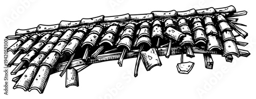 Traditional vintage asian roof tiles that are broken and damaged in engraving style