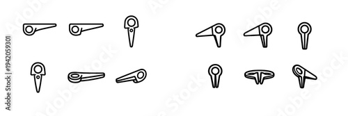 Industrial mechanical piton icons shown from multiple perspectives on a white background for technical engineering design