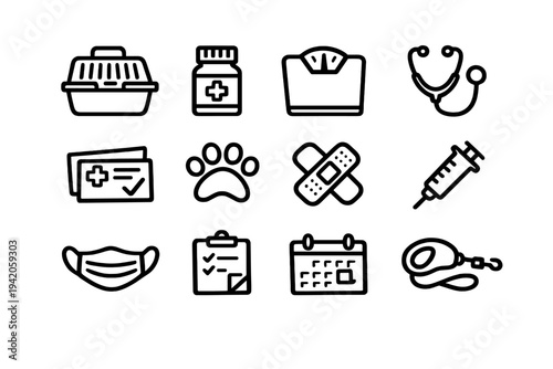 Veterinary medical icons set featuring pet carrier medicine bottle scale stethoscope paw print bandage syringe face mask and leash