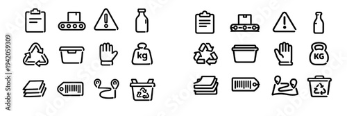 Logistics and recycling line icon set with clipboard conveyor belt warning sign milk bottle recycling symbol container glove and weight