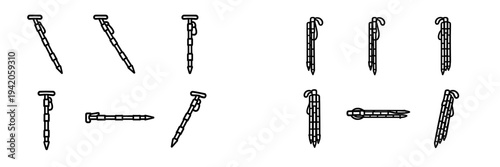 Set of trekking poles icons for hiking and outdoor adventure equipment in various positions and angles on white background