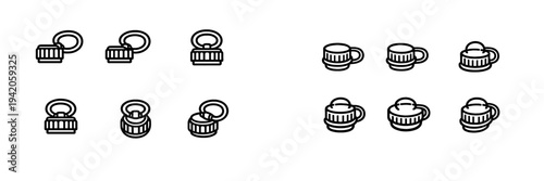 Collection of bottle cap and ring pull lid icons in black and white line art style for packaging design and beverage industry concepts