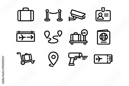 Set of airport and travel line icons including suitcase passport security camera boarding pass luggage scale and map pin on white background