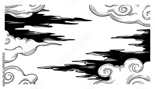 Stylized oriental clouds in traditional chinese and japanese line art and silhouette style