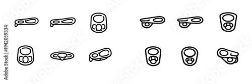 Set of metal can pull tabs and ring pulls for soda and food packaging icons isolated on white background